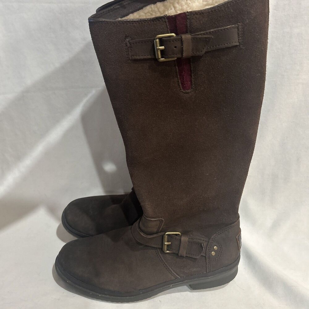 UGG THOMSEN TALL RIDING BROWN SUEDE SIDE ZIP LEATHER BOOTS SIZE US 6